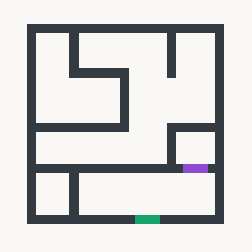 Do the green and purple gates border at least one same enclosed white chamber? A chamber is a side-connected white region completely surrounded by the dark wall network; touching only at a corner does not connect regions. Answer yes or no.